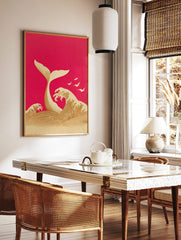 Illustrative whale tail emerging from ocean waves with birds on magenta background, in a styled room mockup