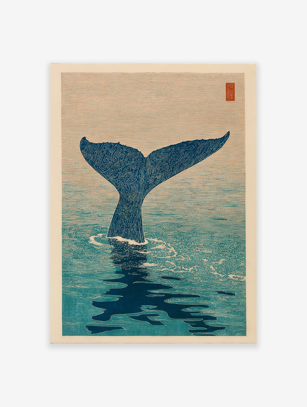 Japanese woodblock style art print featuring a blue whale tail submerging into serene blue ocean water, with a beige sky.