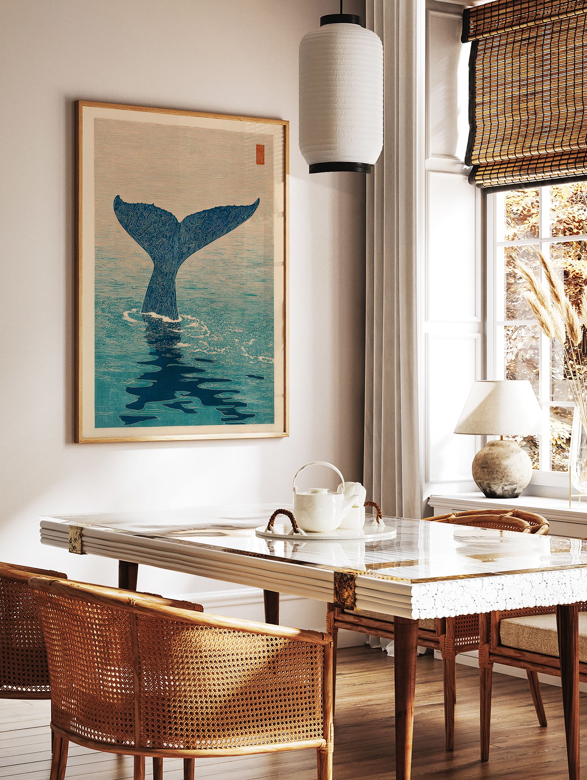 Japanese woodblock style art print featuring a blue whale tail submerging into serene blue ocean water, with a beige sky. - Image 2