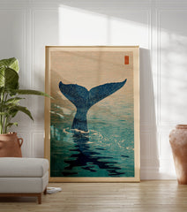 Japanese woodblock style art print featuring a blue whale tail submerging into serene blue ocean water, with a beige sky. - Image 3