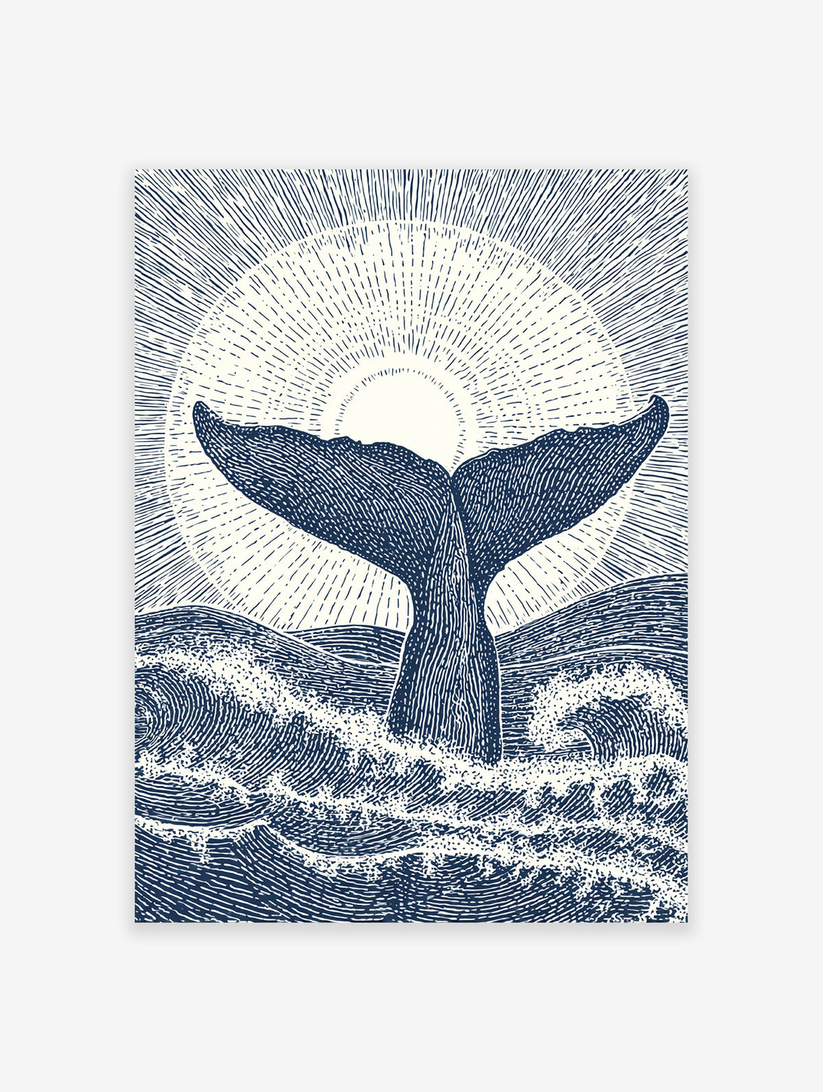 Whale tail poster featuring a vintage-style illustration of a whale's fluke emerging from ocean waves under a sunburst.