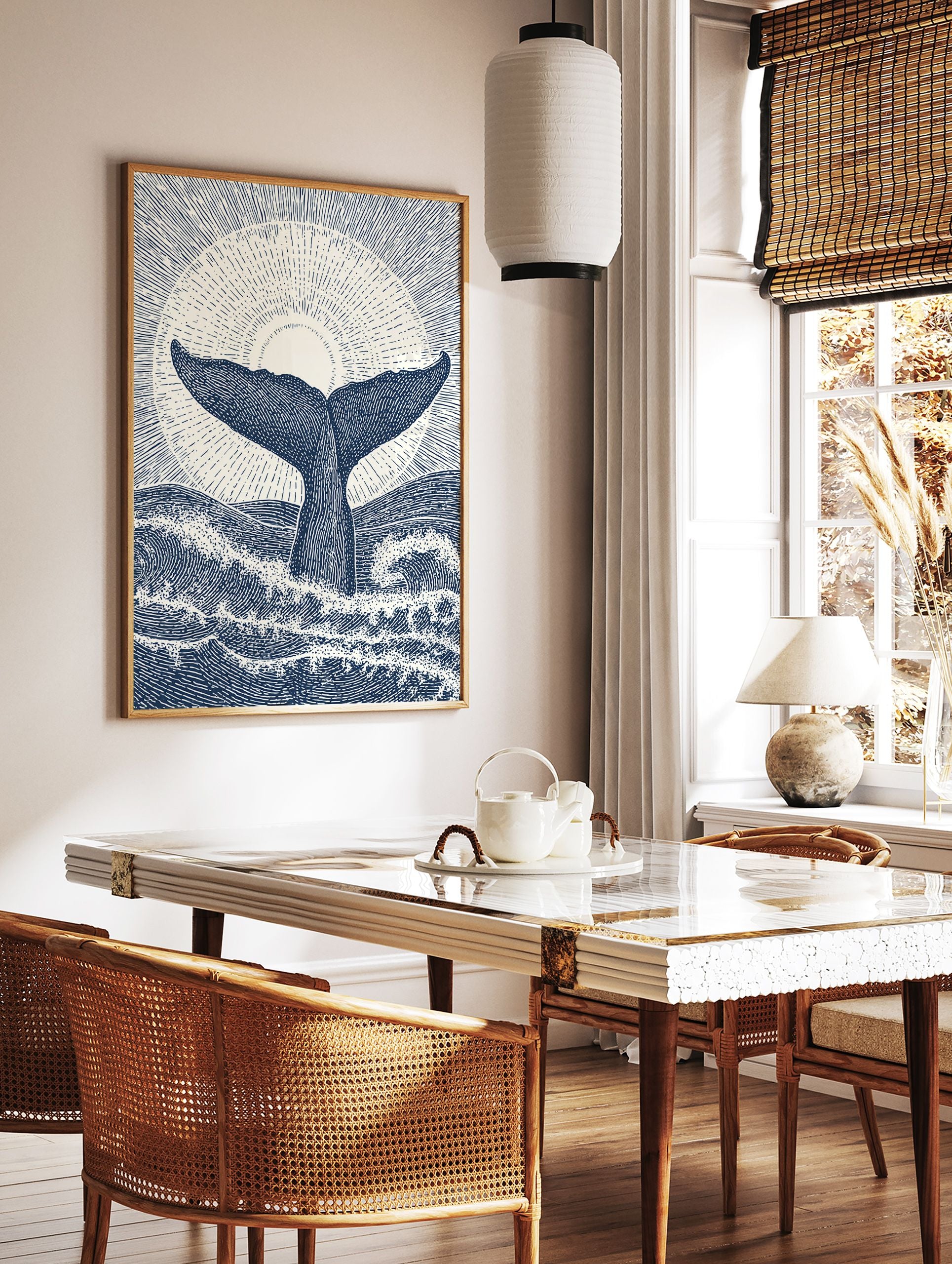 Whale tail poster featuring a vintage-style illustration of a whale's fluke emerging from ocean waves under a sunburst. - Image 2
