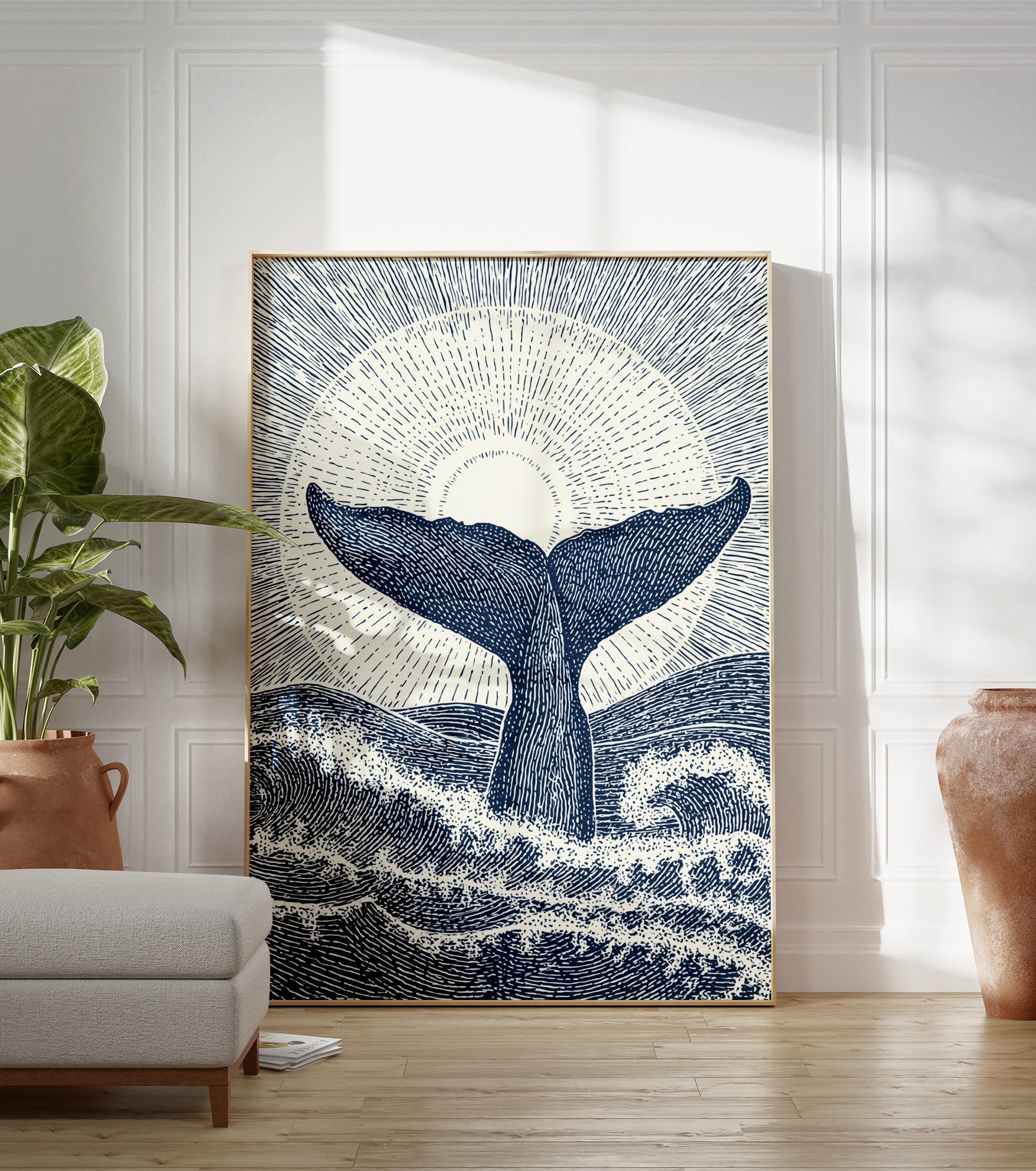 Whale tail poster featuring a vintage-style illustration of a whale's fluke emerging from ocean waves under a sunburst. - Image 3