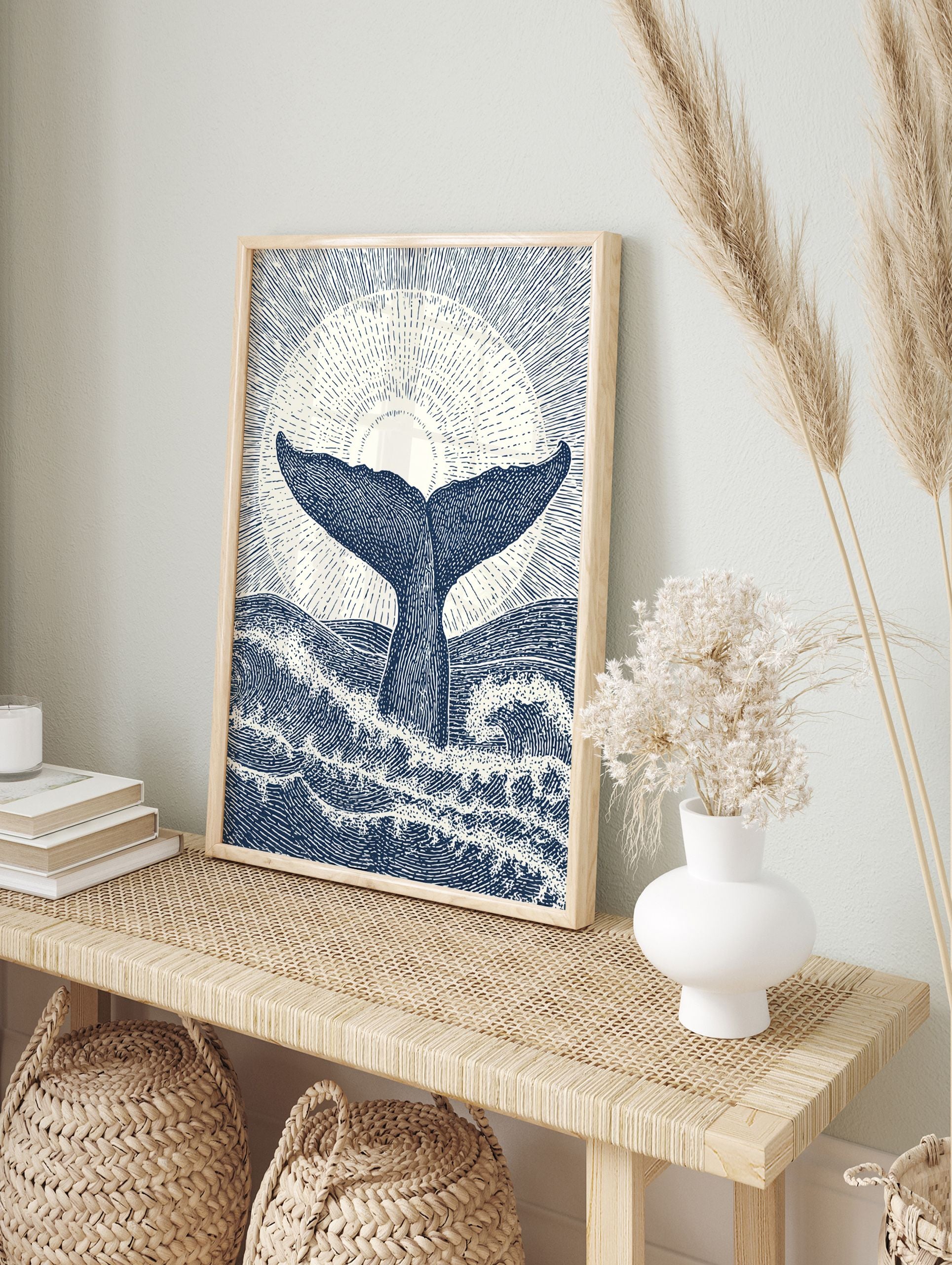 Whale tail poster featuring a vintage-style illustration of a whale's fluke emerging from ocean waves under a sunburst. - Image 4