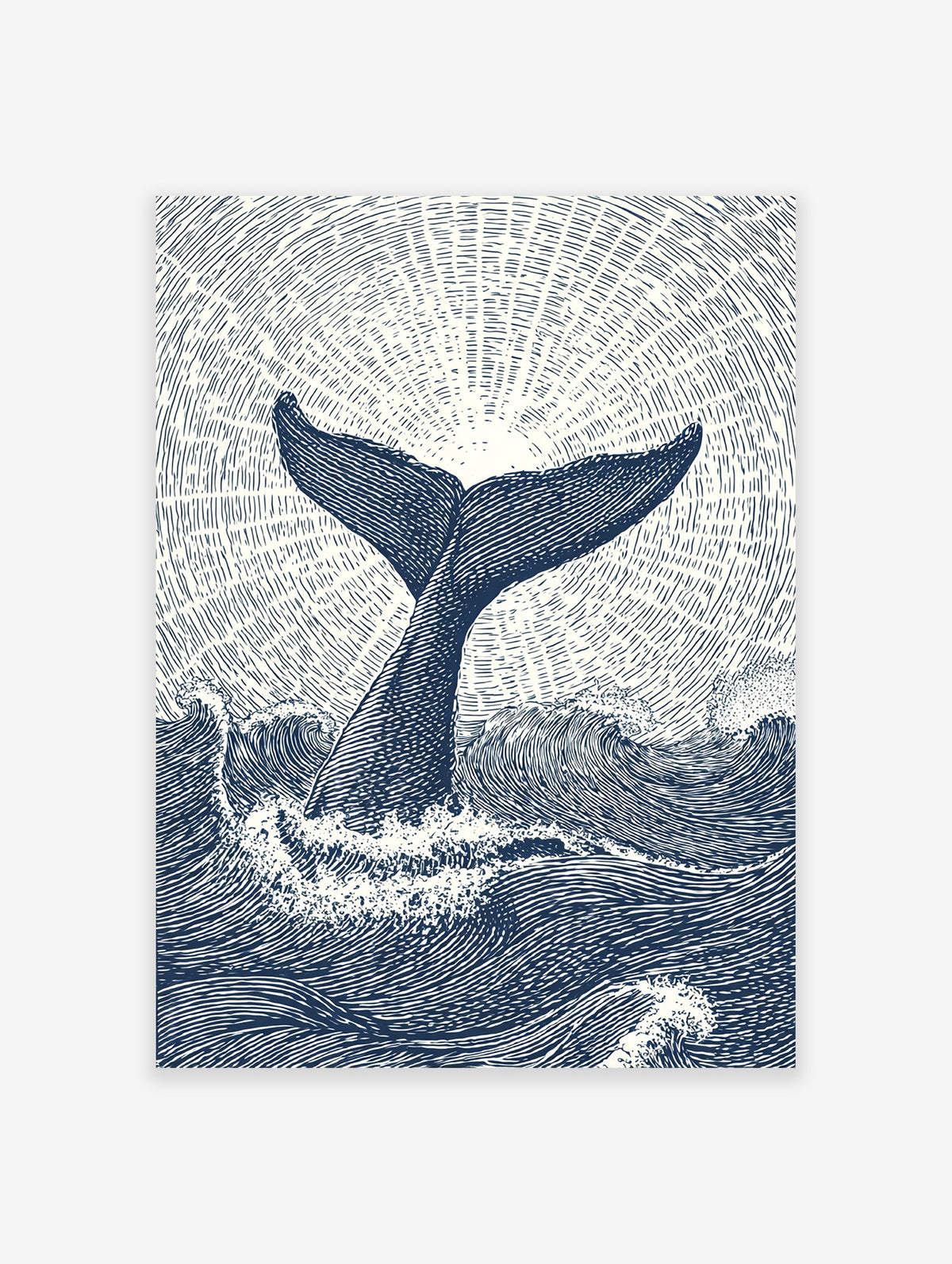 Whale tail poster art print with ocean waves and sunburst effect in blue and white illustrative style.