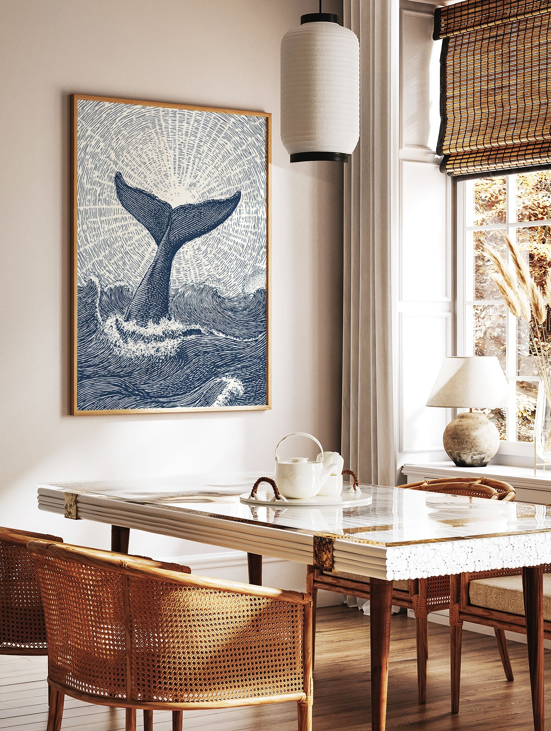 Whale tail poster art print with ocean waves and sunburst effect in blue and white illustrative style. - Image 2