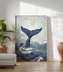 Whale tail poster art print with ocean waves and sunburst effect in blue and white illustrative style. - Image 3