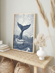 Whale tail poster art print with ocean waves and sunburst effect in blue and white illustrative style. - Image 4