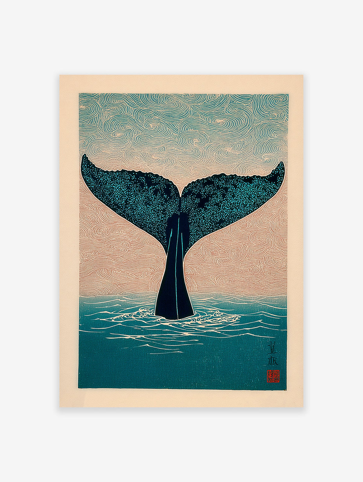 Japanese style Whale Tail Wall Art print showing a dark blue whale tail diving into teal water with wave patterns.