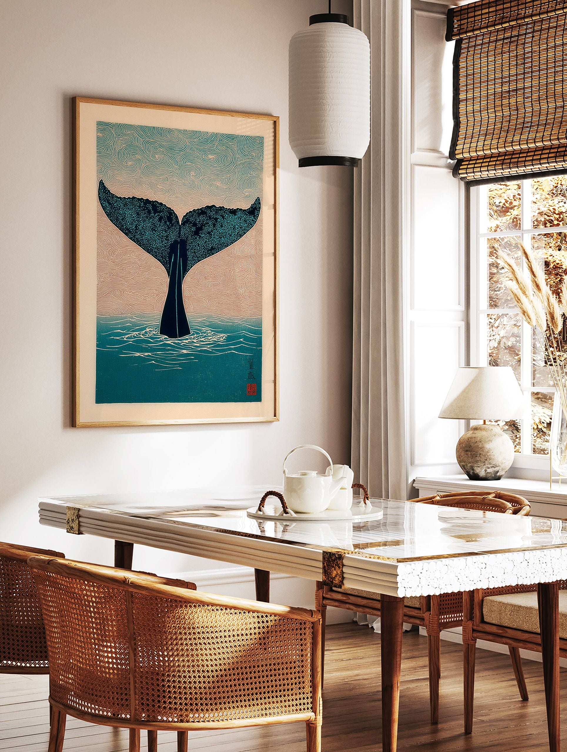 Japanese style Whale Tail Wall Art print showing a dark blue whale tail diving into teal water with wave patterns. - Image 2