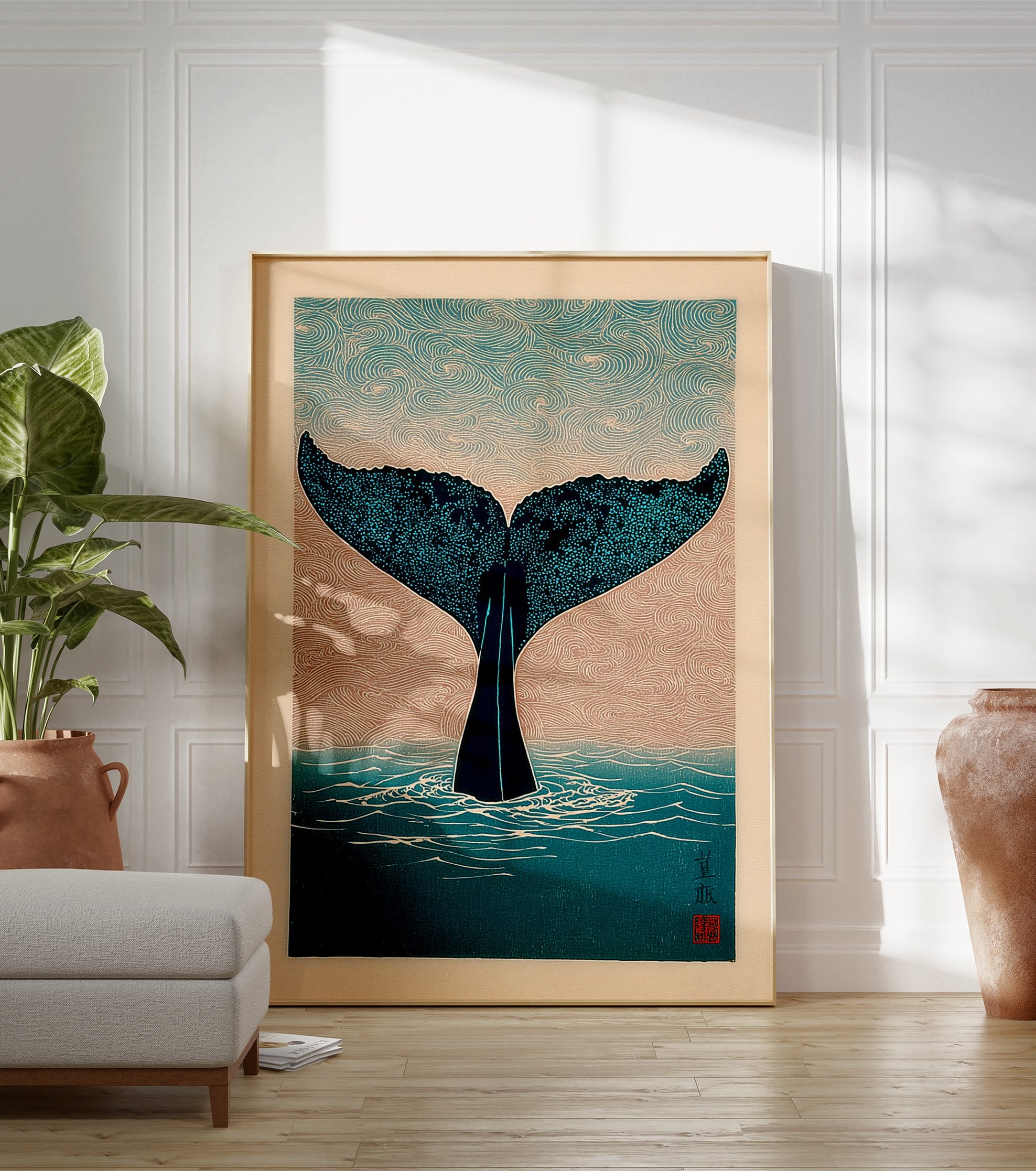 Japanese style Whale Tail Wall Art print showing a dark blue whale tail diving into teal water with wave patterns. - Image 3