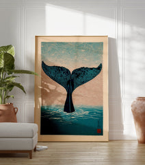 Japanese style Whale Tail Wall Art print showing a dark blue whale tail diving into teal water with wave patterns. - Image 3
