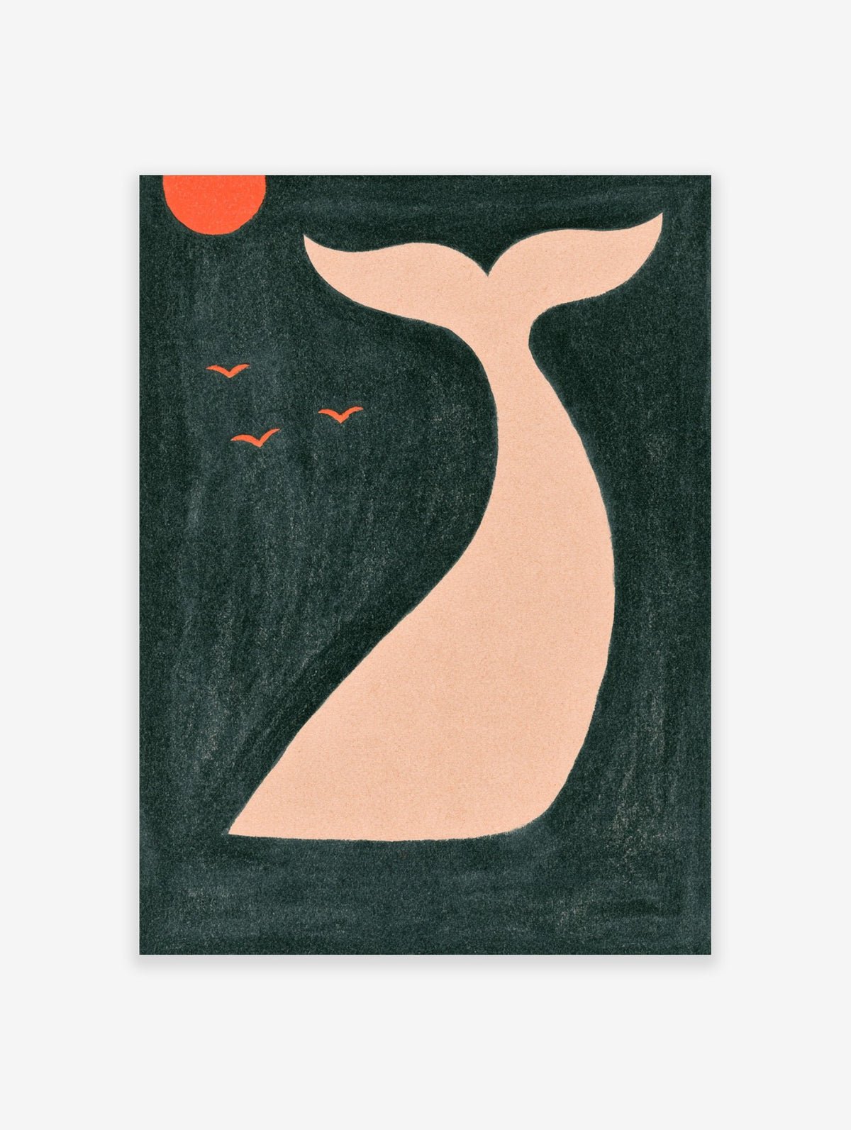 Minimalist whale tail wall art print with orange sun and birds on a dark textured background