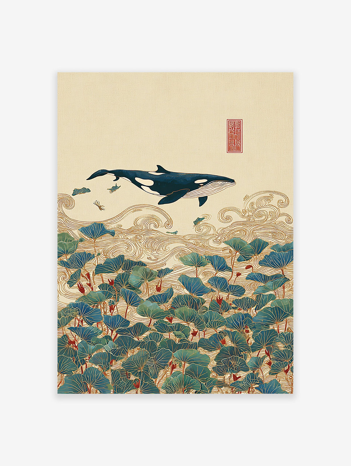 Asian style whale wall art illustration with a blue whale, golden waves, and green lotus leaves on a beige background with a red seal.