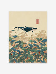 Asian style whale wall art illustration with a blue whale, golden waves, and green lotus leaves on a beige background with a red seal.