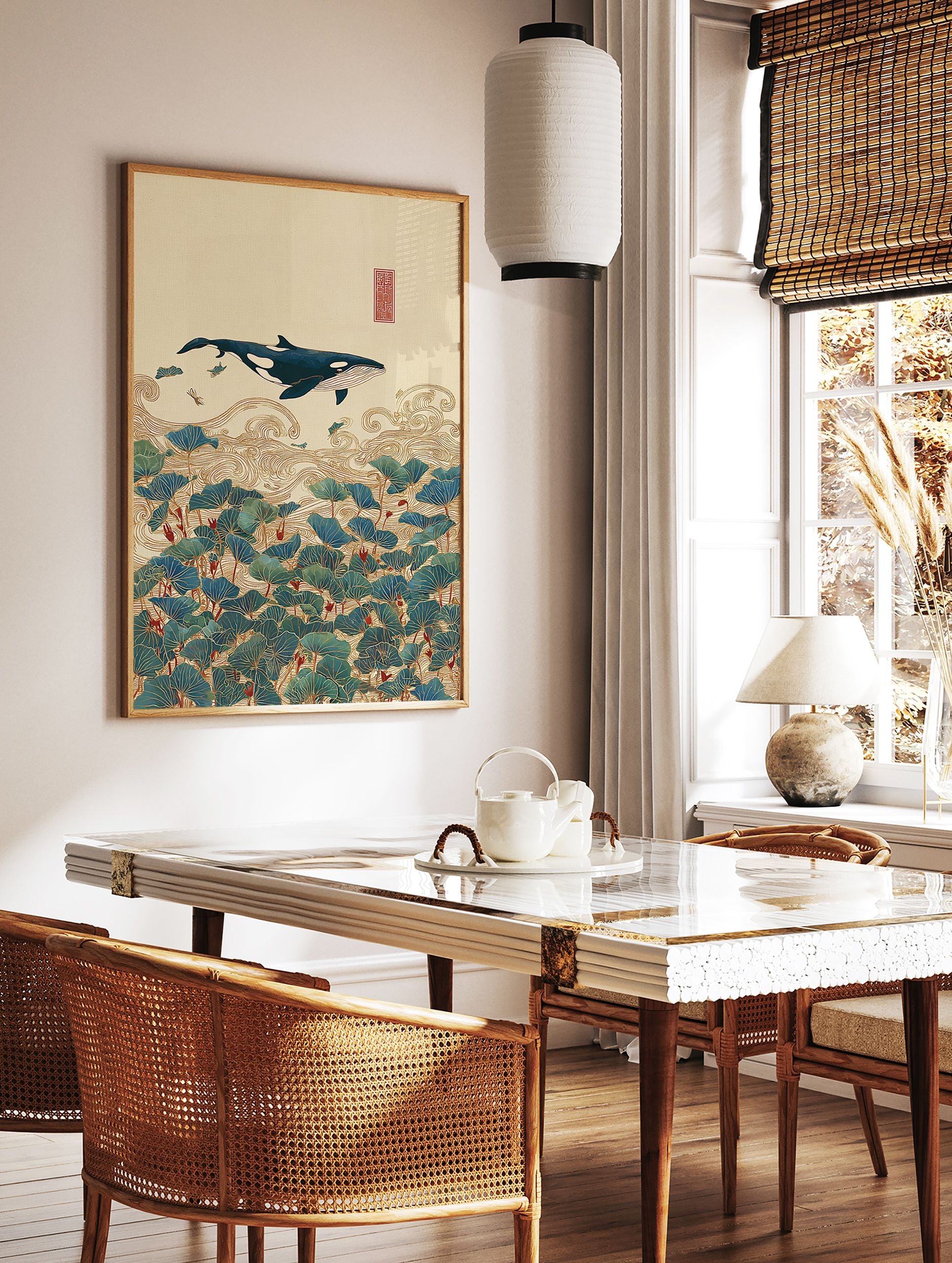 Asian style whale wall art illustration with a blue whale, golden waves, and green lotus leaves on a beige background with a red seal. - Image 2