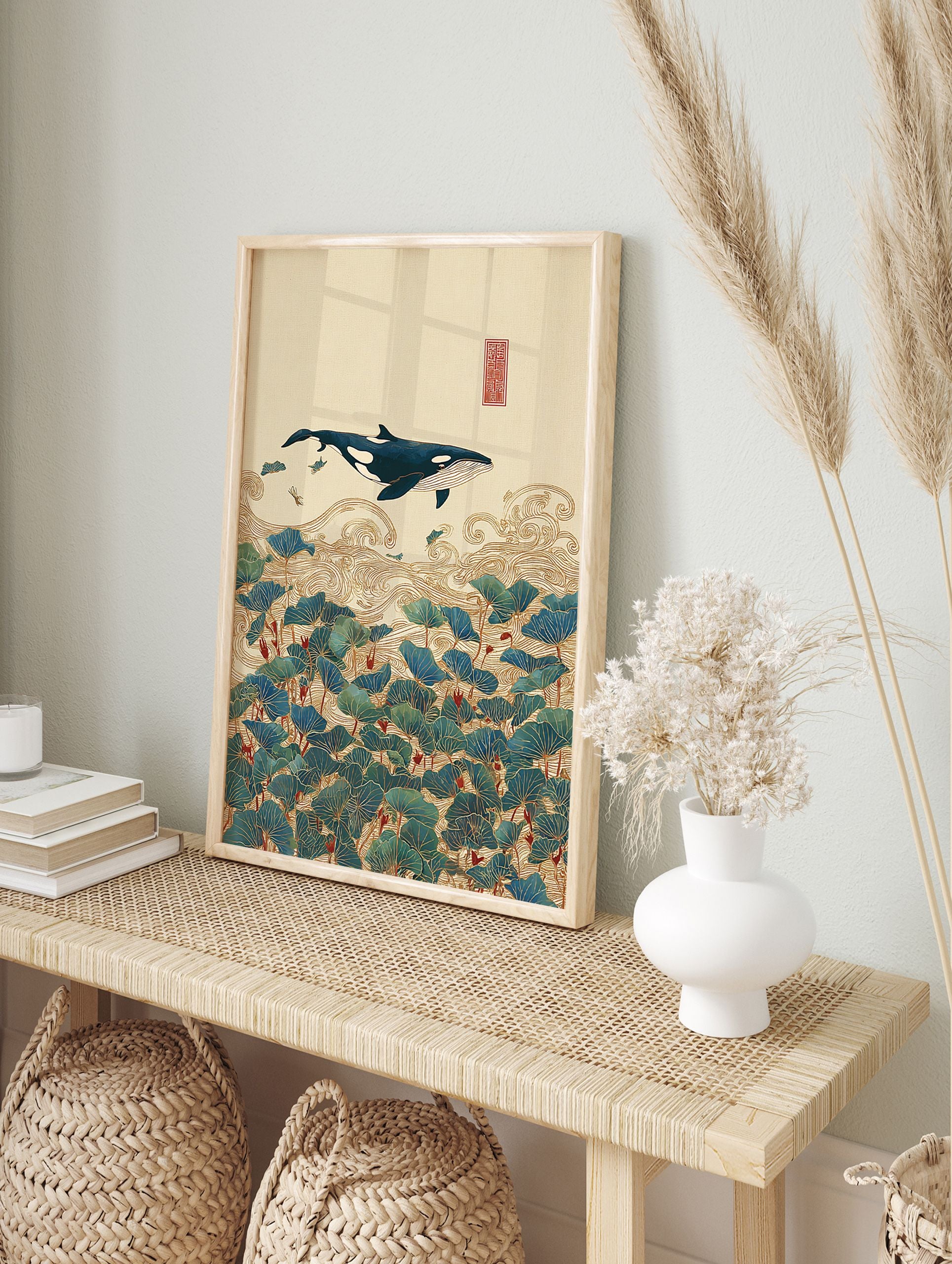 Asian style whale wall art illustration with a blue whale, golden waves, and green lotus leaves on a beige background with a red seal. - Image 3