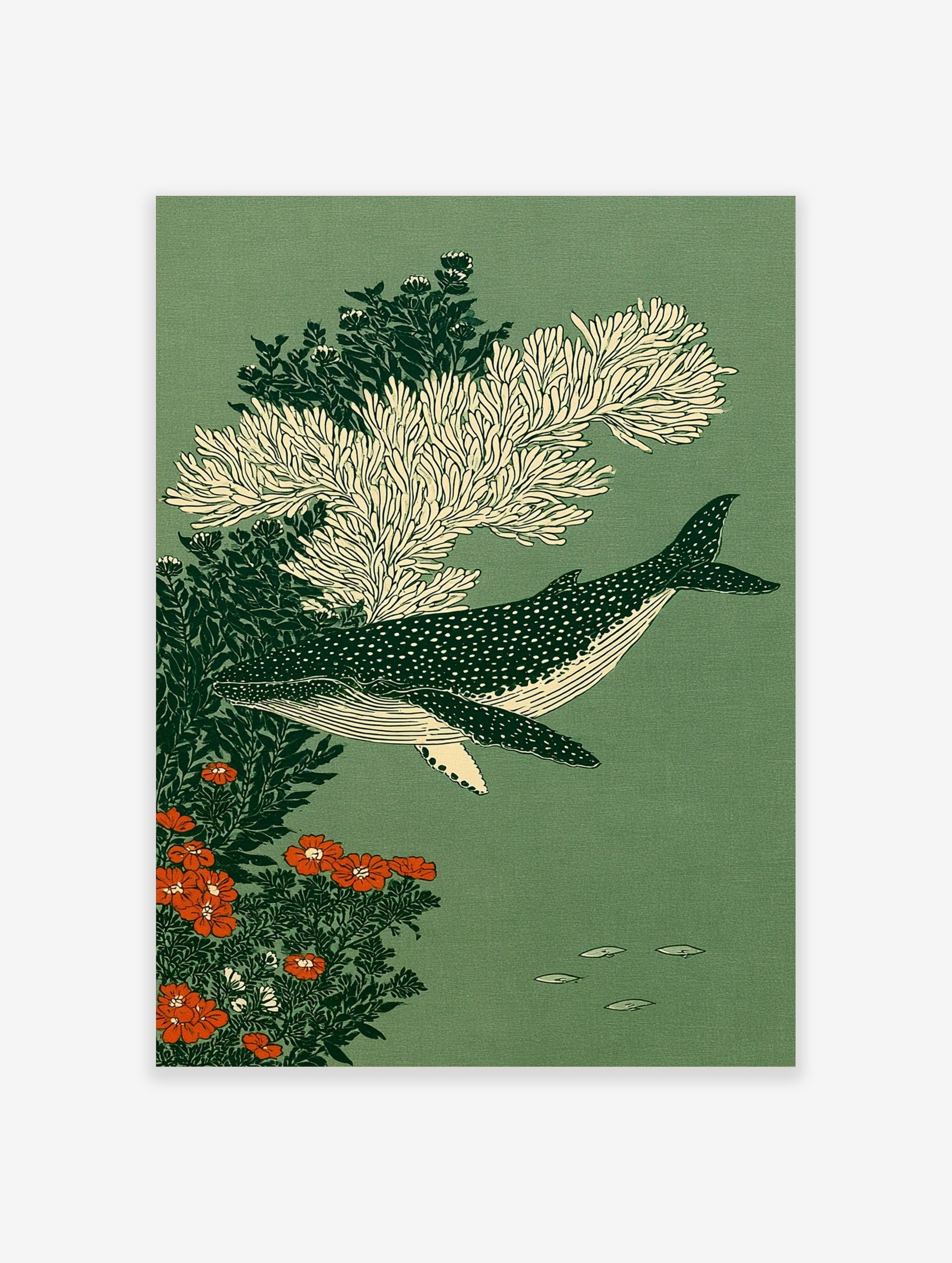 Spotted whale swimming amongst white coral and orange flowers on a green background, illustrative nature wall art print