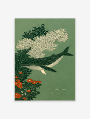 Spotted whale swimming amongst white coral and orange flowers on a green background, illustrative nature wall art print