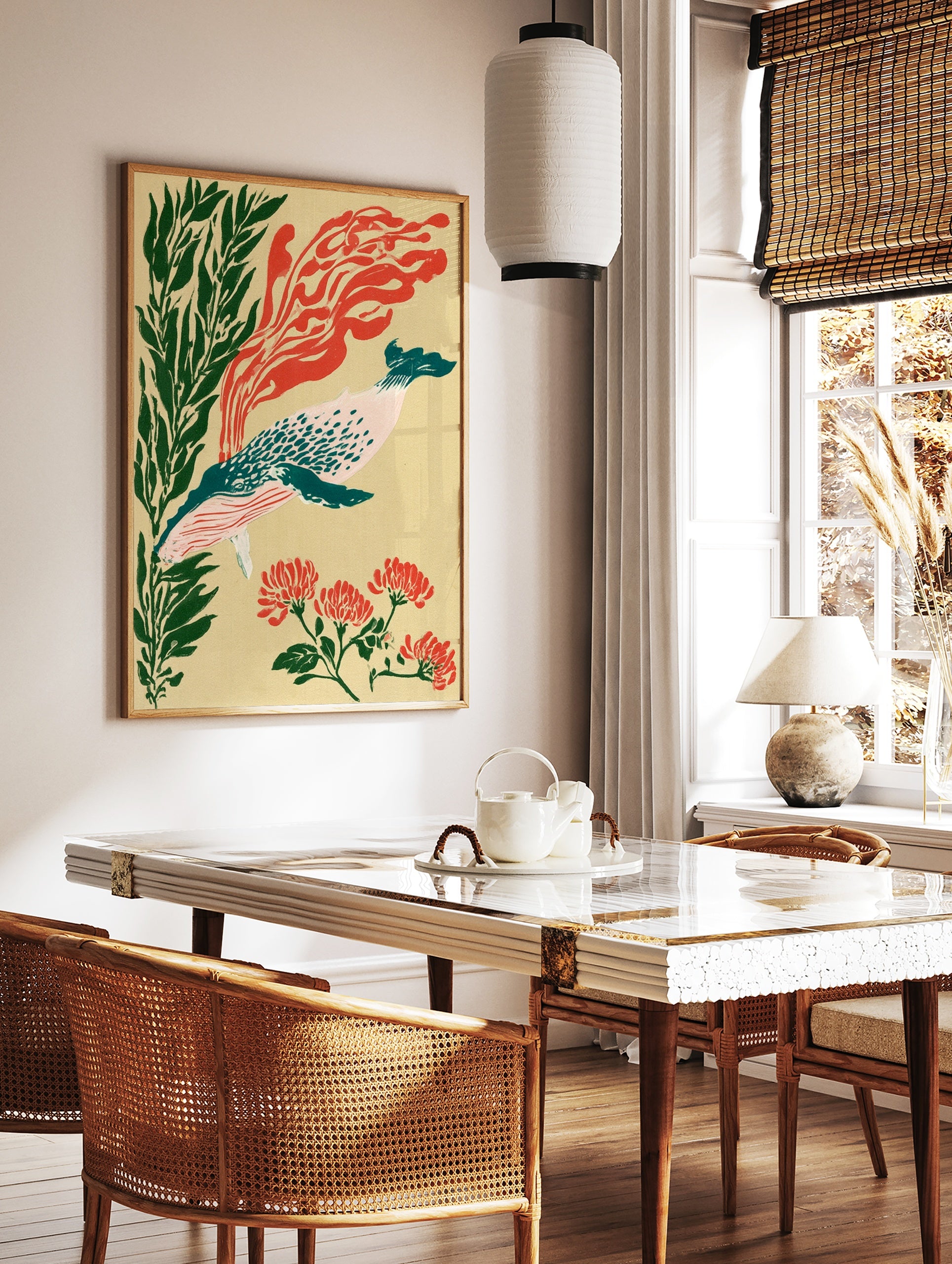 Illustrative whale wall art with green seaweed, red floral motifs, and abstract red shapes on a, in a styled room mockup