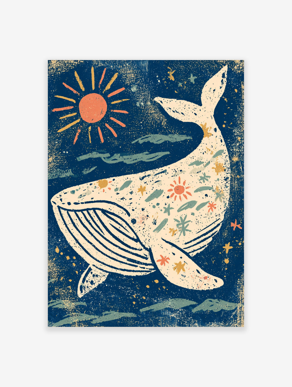 Cream whale with folk patterns and coral sun on navy background, unframed paper print