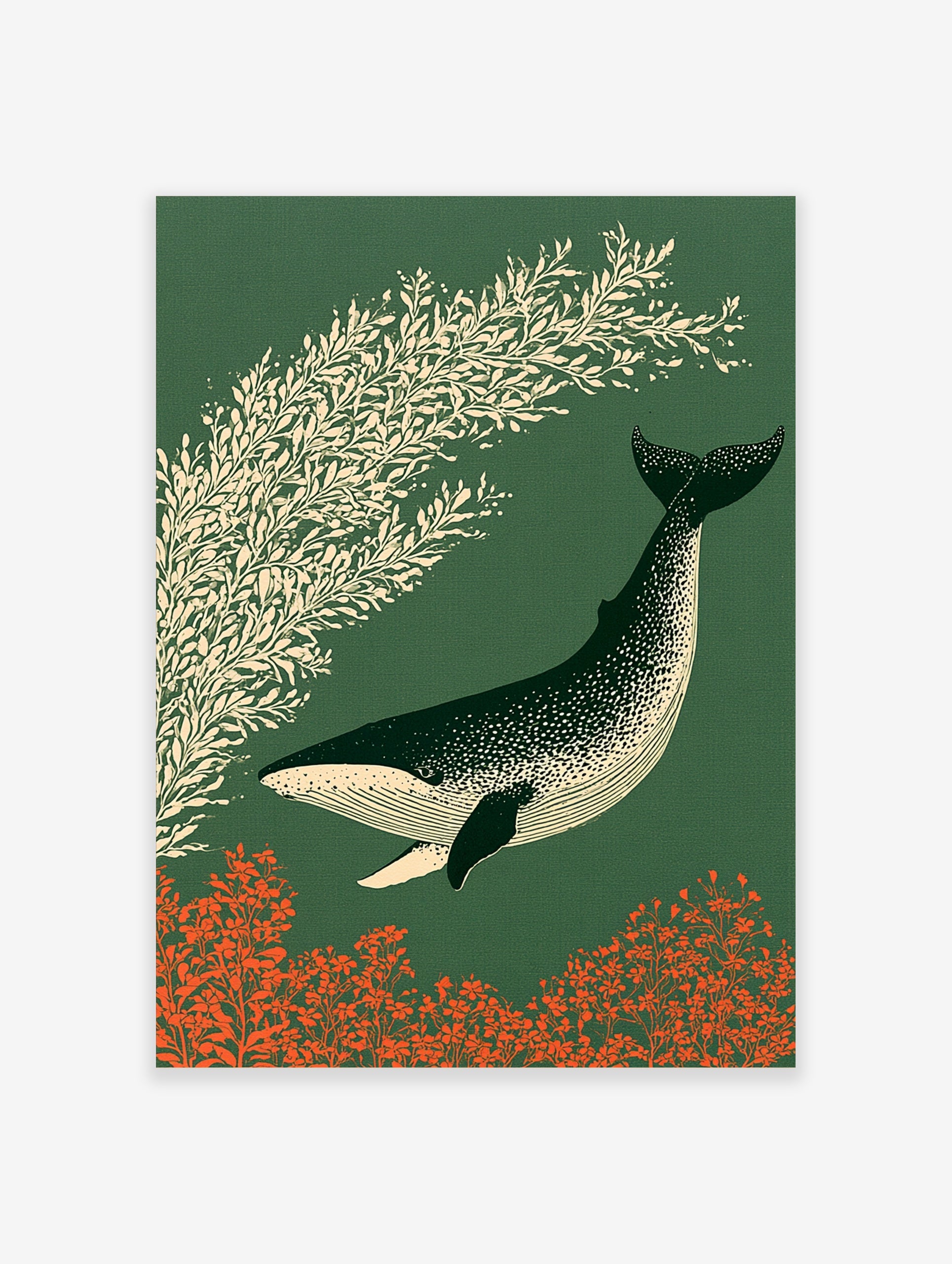 Stylized illustration of a speckled whale swimming past cream foliage on a dark green background with red plants at the base
