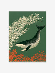 Stylized illustration of a speckled whale swimming past cream foliage on a dark green background with red plants at the base