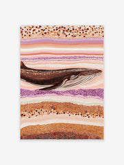 Whale art print in Aboriginal dot painting style with brown, orange, cream, and purple wavy patterns