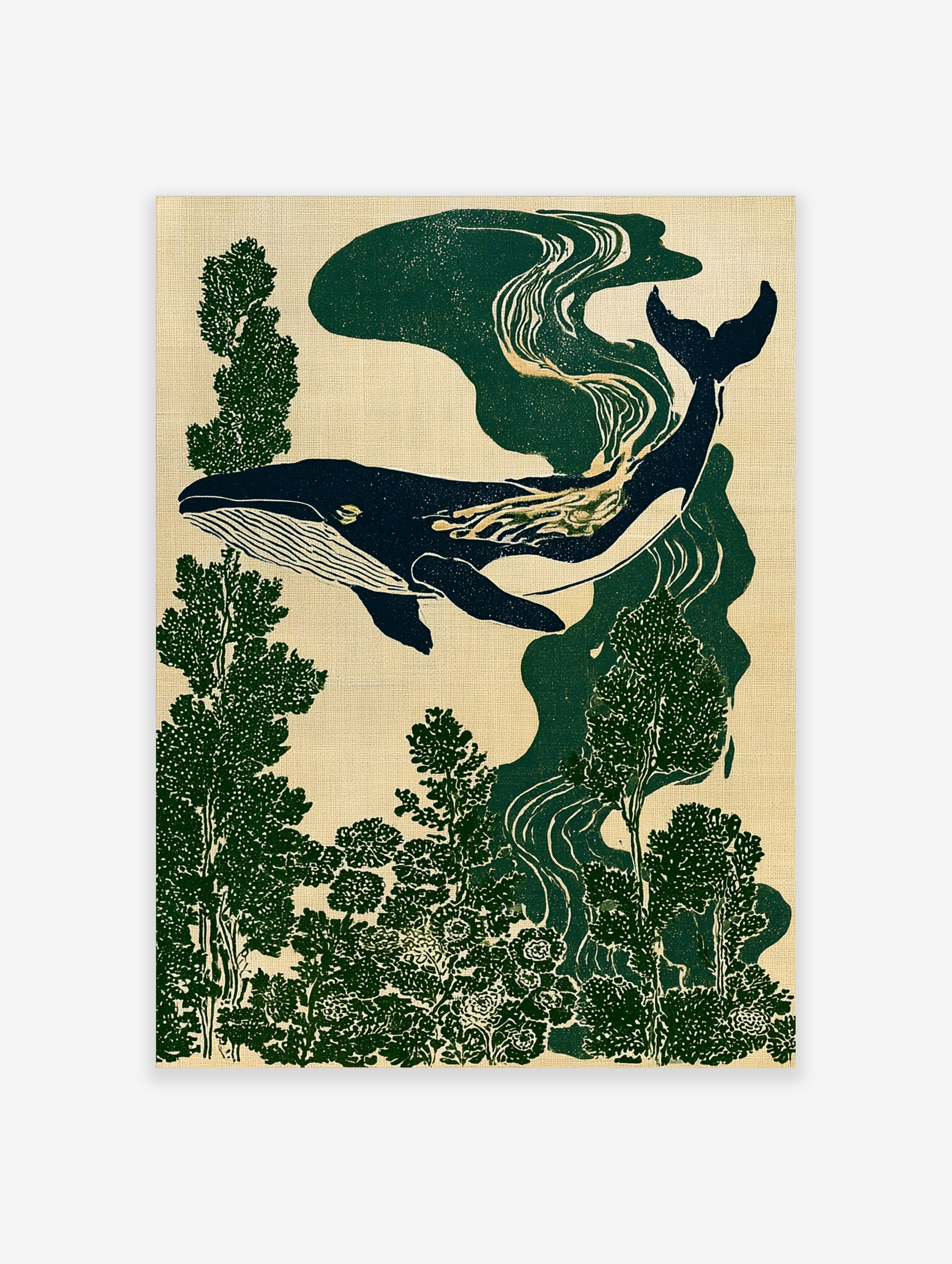 Stylised whale illustration swimming through deep green forest foliage on a neutral textured background