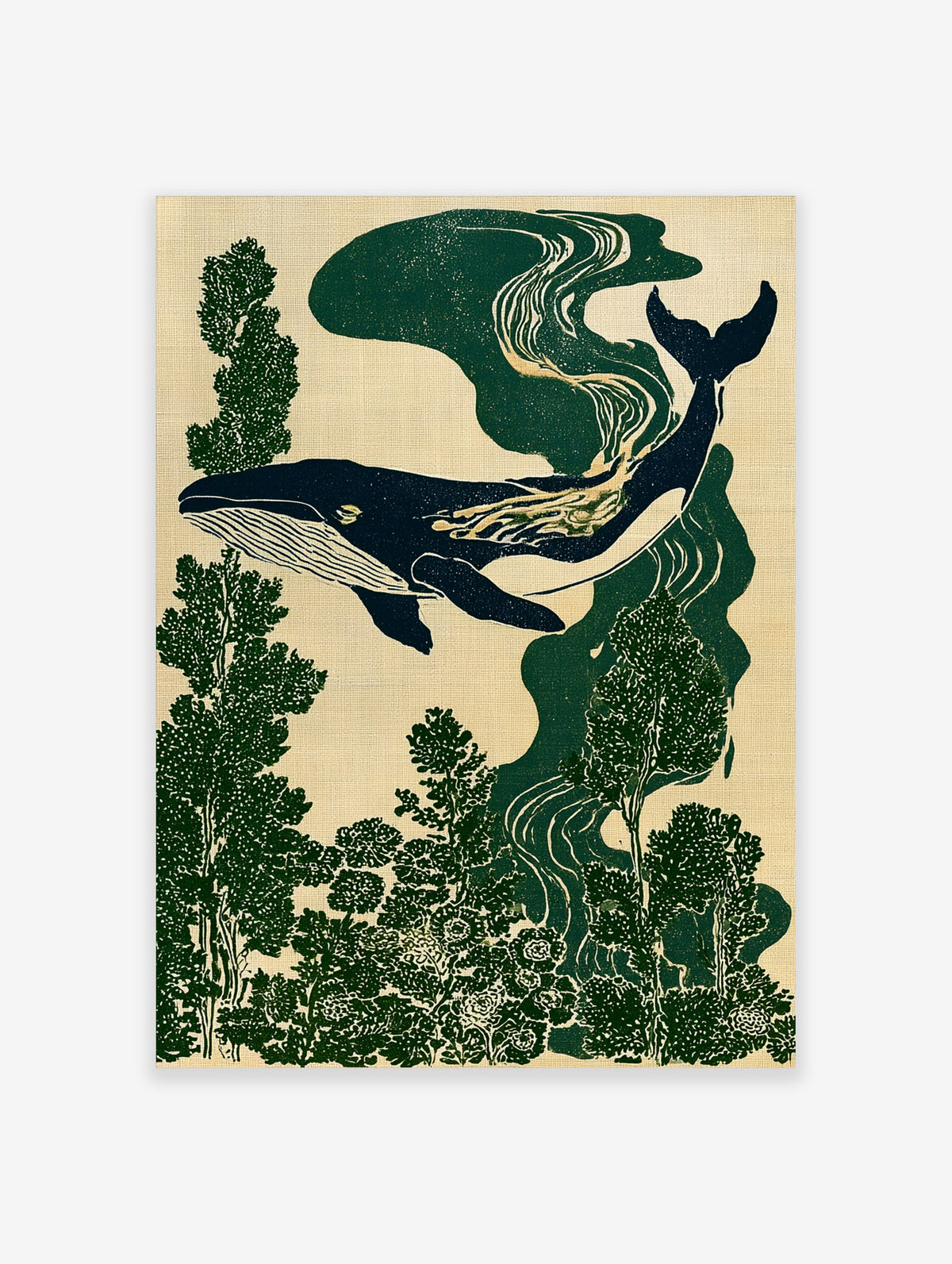 Stylised whale illustration swimming through deep green forest foliage on a neutral textured background