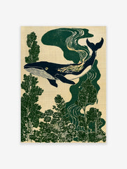 Stylised whale illustration swimming through deep green forest foliage on a neutral textured background