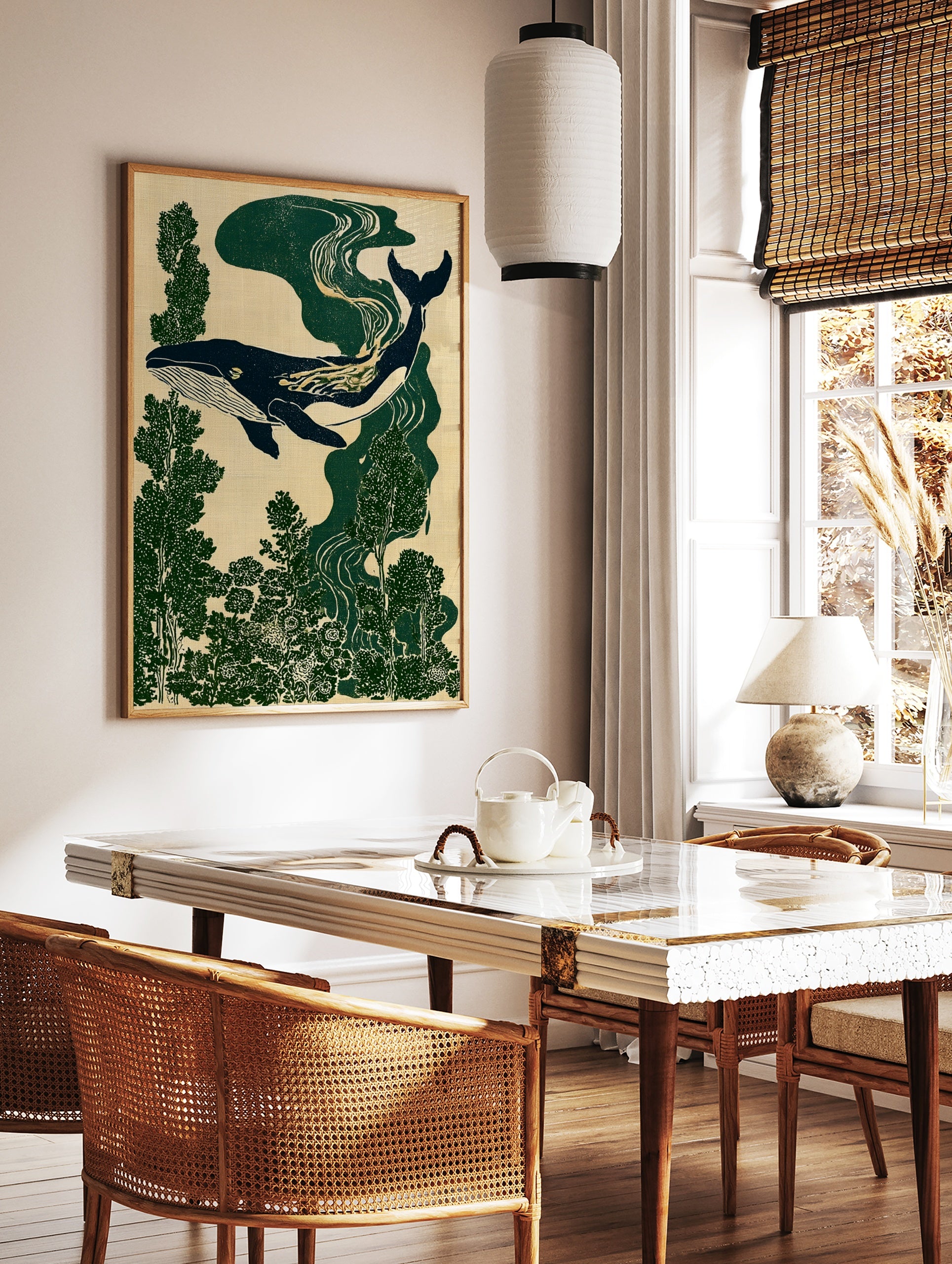 Stylised whale illustration swimming through deep green forest foliage on a neutral textured, in a styled room mockup