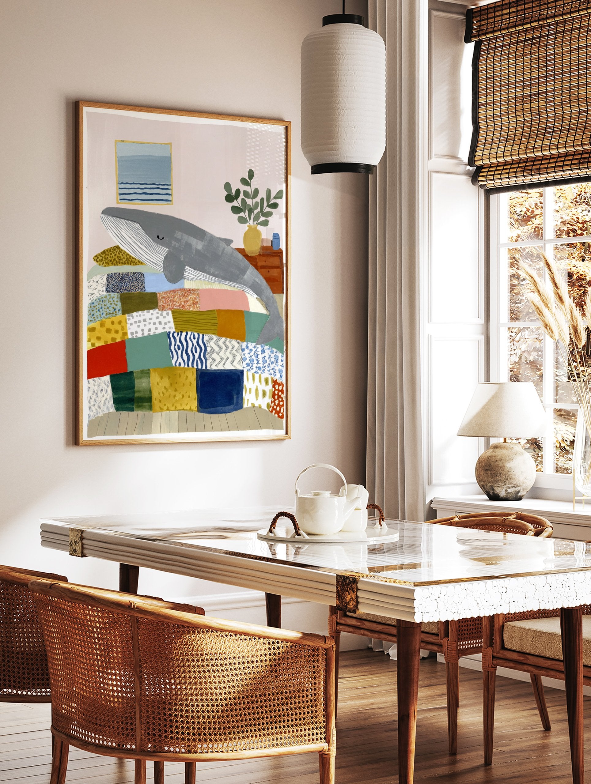 Whimsical whale wall art illustration showing a grey whale sleeping on a colorful patchwork bed in a cozy room. - Image 2