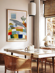 Whimsical whale wall art illustration showing a grey whale sleeping on a colorful patchwork bed in a cozy room. - Image 2