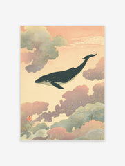 Japanese-style whale wall art print with a dark whale swimming through pink and blue clouds with gold speckles.