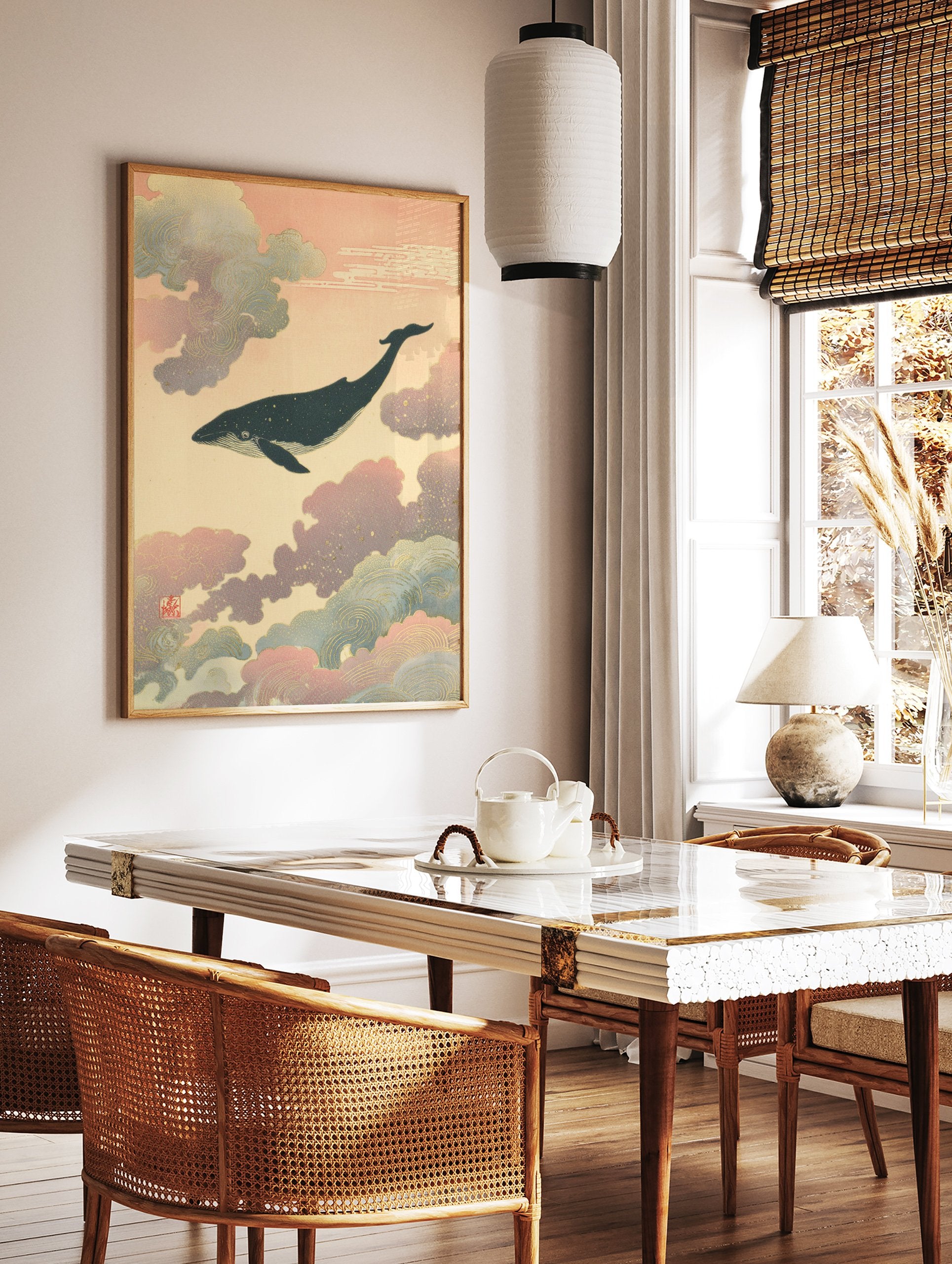 Japanese-style whale wall art print with a dark whale swimming through pink and blue clouds with gold speckles. - Image 2