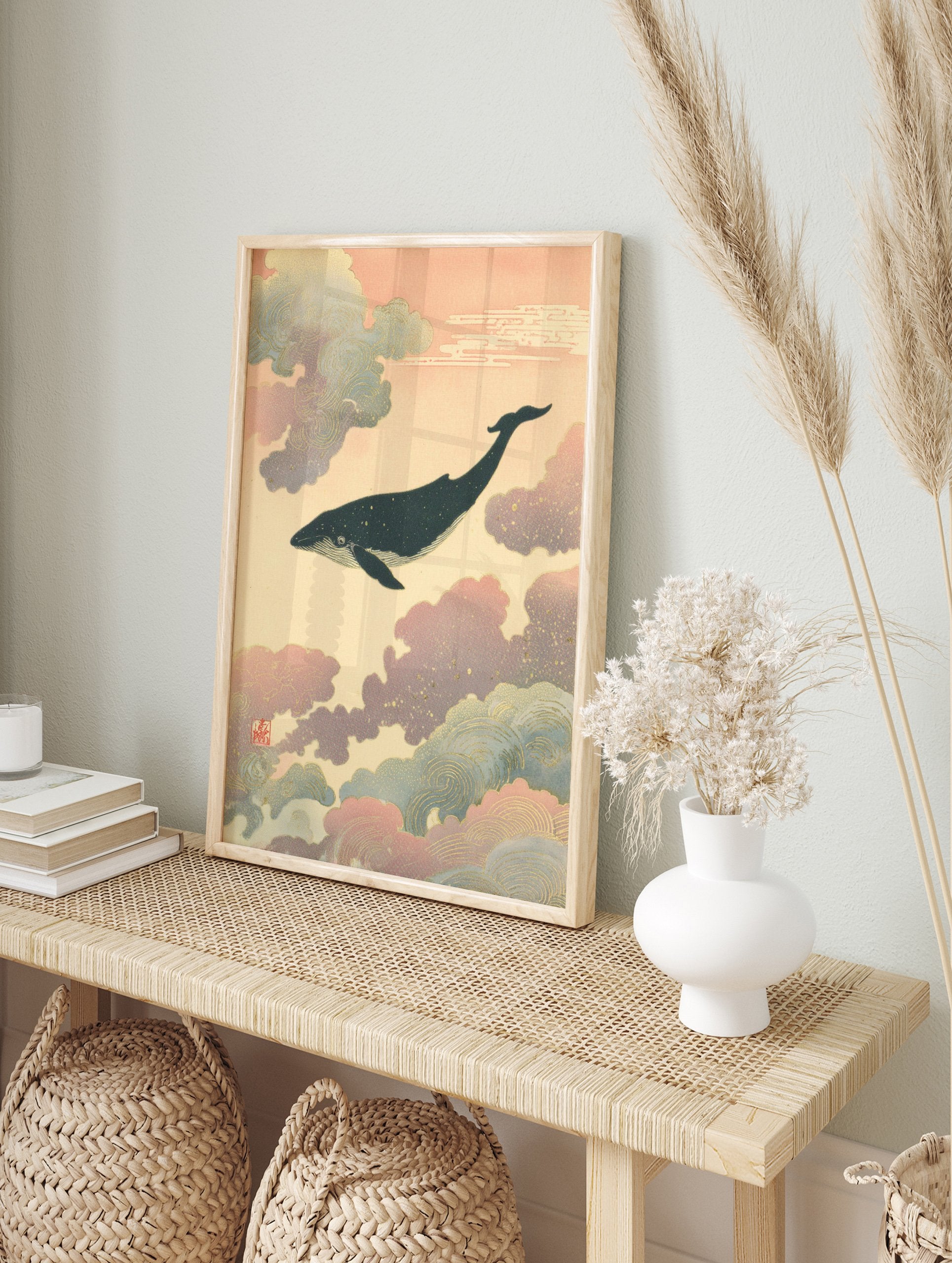 Japanese-style whale wall art print with a dark whale swimming through pink and blue clouds with gold speckles. - Image 3