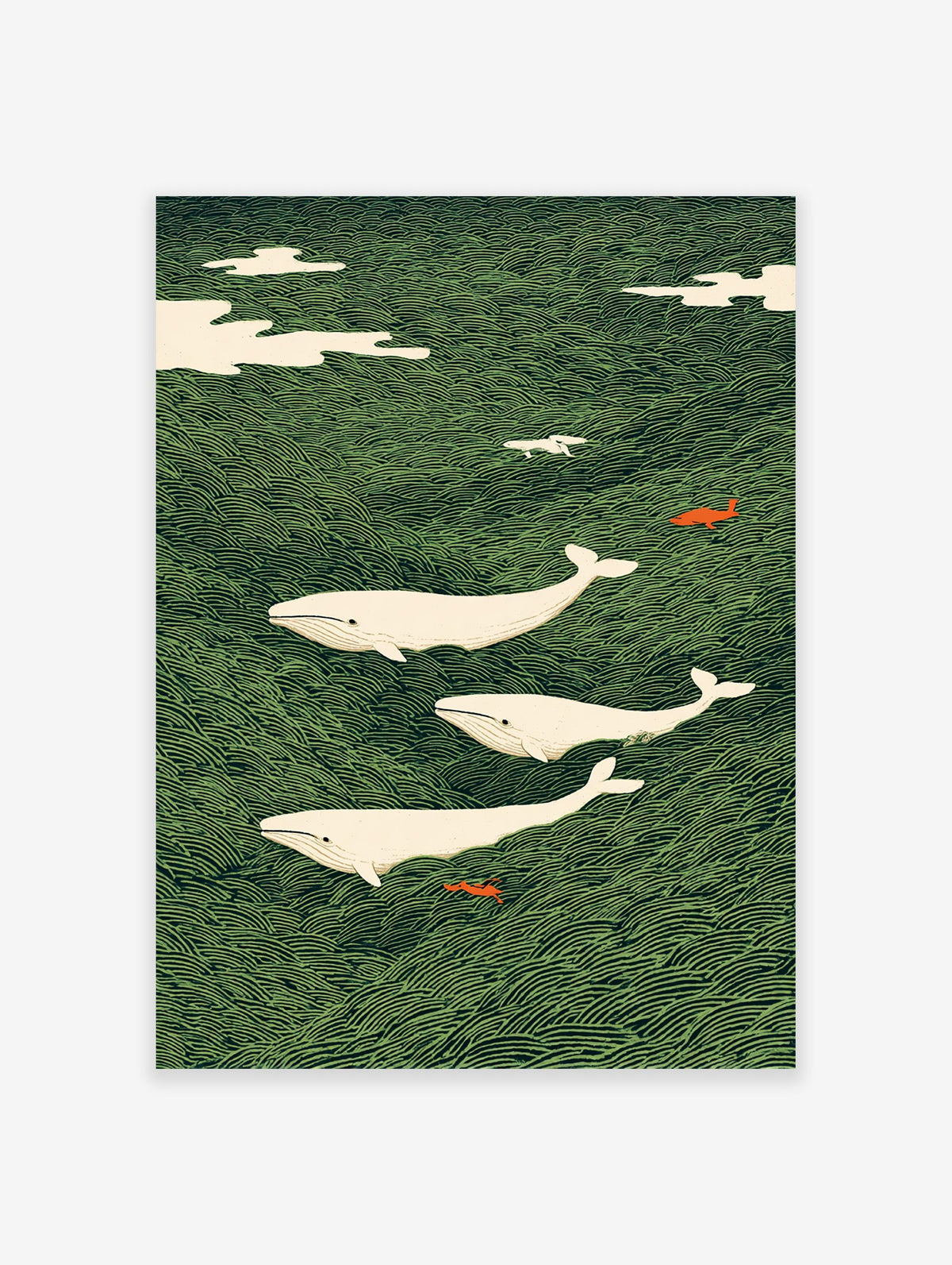 Three white whales swim through a green wave pattern ocean with small orange fish and white clouds in a Japanese art style.