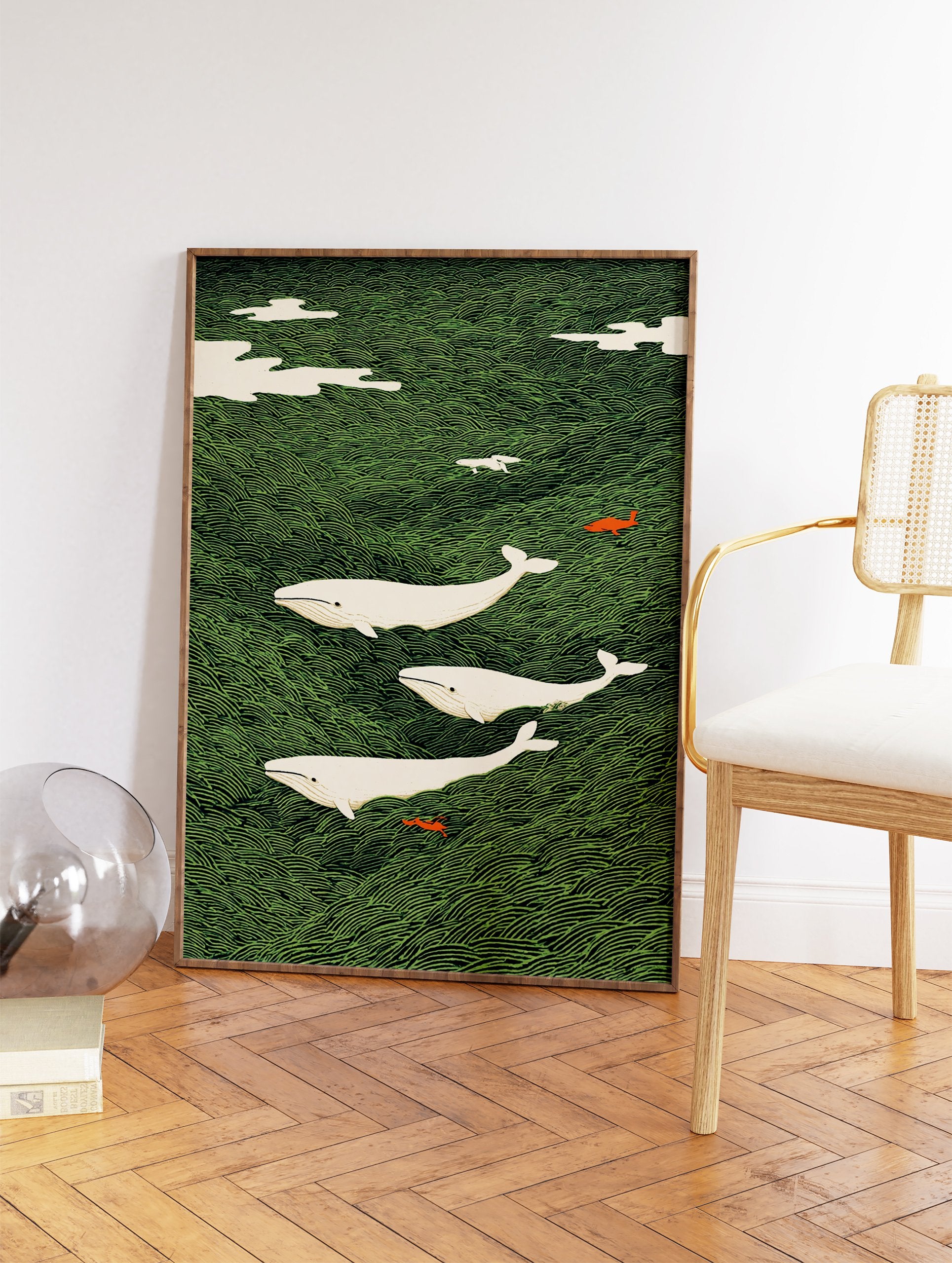 Three white whales swim through a green wave pattern ocean with small orange fish and white clouds in a Japanese art style. - Image 2
