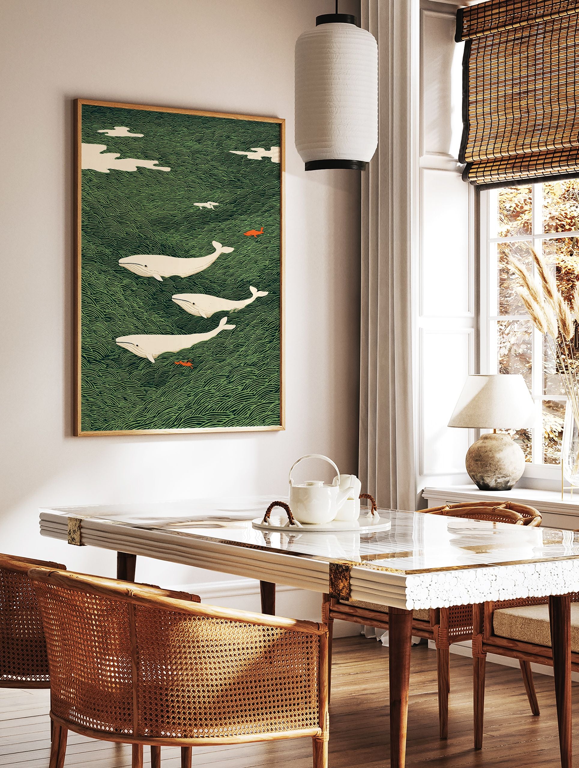 Three white whales swim through a green wave pattern ocean with small orange fish and white clouds in a Japanese art style. - Image 3