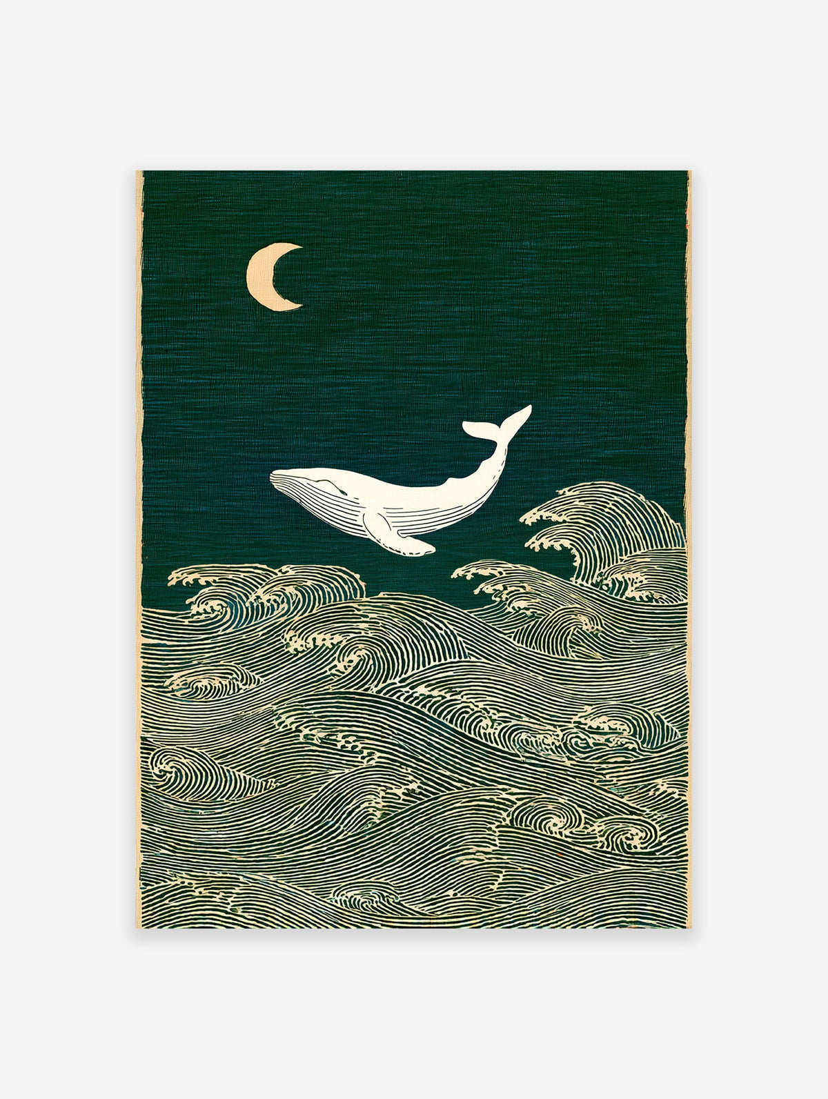 Japanese-inspired whale wall art print with a white whale, crescent moon, and stylized ocean waves on a dark green background.