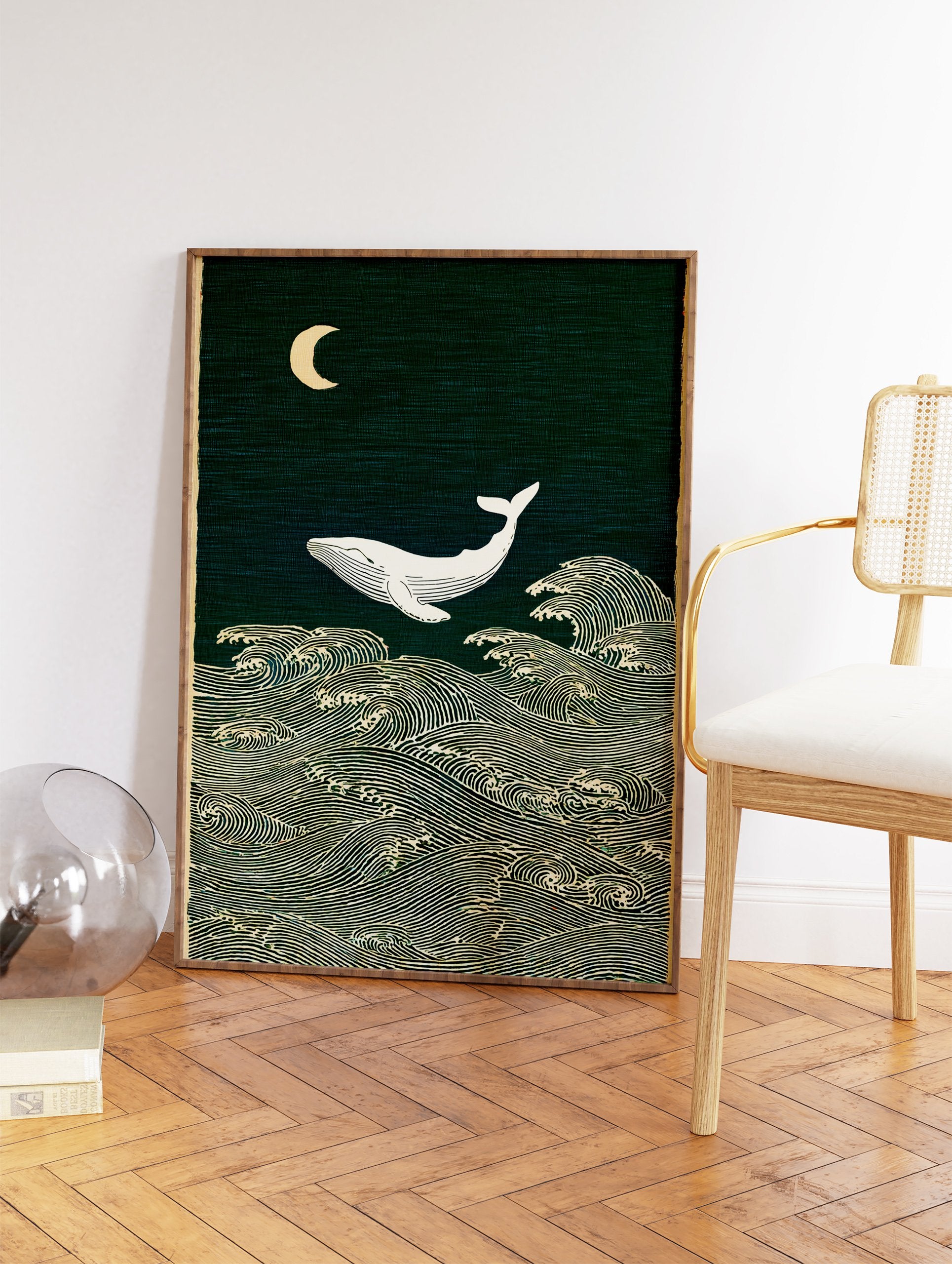 Japanese-inspired whale wall art print with a white whale, crescent moon, and stylized ocean waves on a dark green background. - Image 2