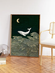 Japanese-inspired whale wall art print with a white whale, crescent moon, and stylized ocean waves on a dark green background. - Image 2