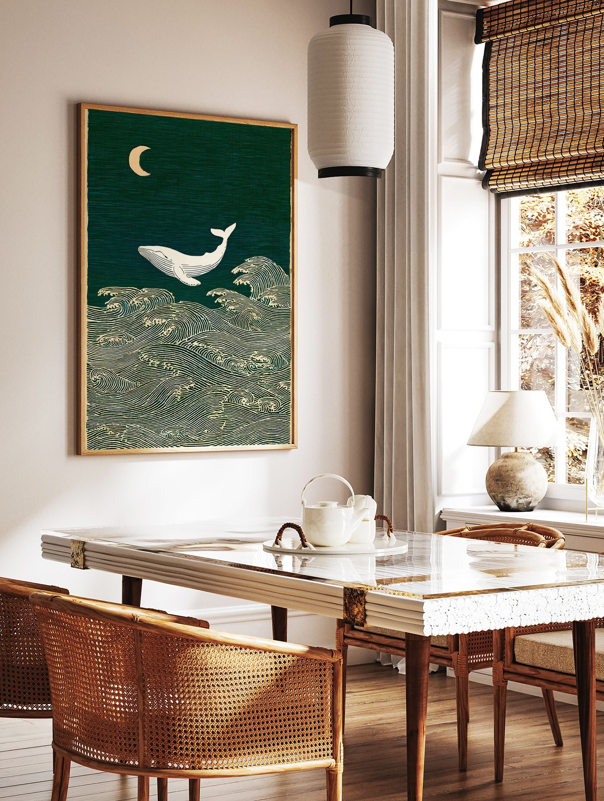 Japanese-inspired whale wall art print with a white whale, crescent moon, and stylized ocean waves on a dark green background. - Image 3