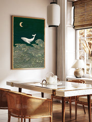 Japanese-inspired whale wall art print with a white whale, crescent moon, and stylized ocean waves on a dark green background. - Image 3