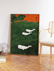 Three white whales swim in a stylized green wavy ocean under an orange sky, Japanese style whale wall art print. - Image 2
