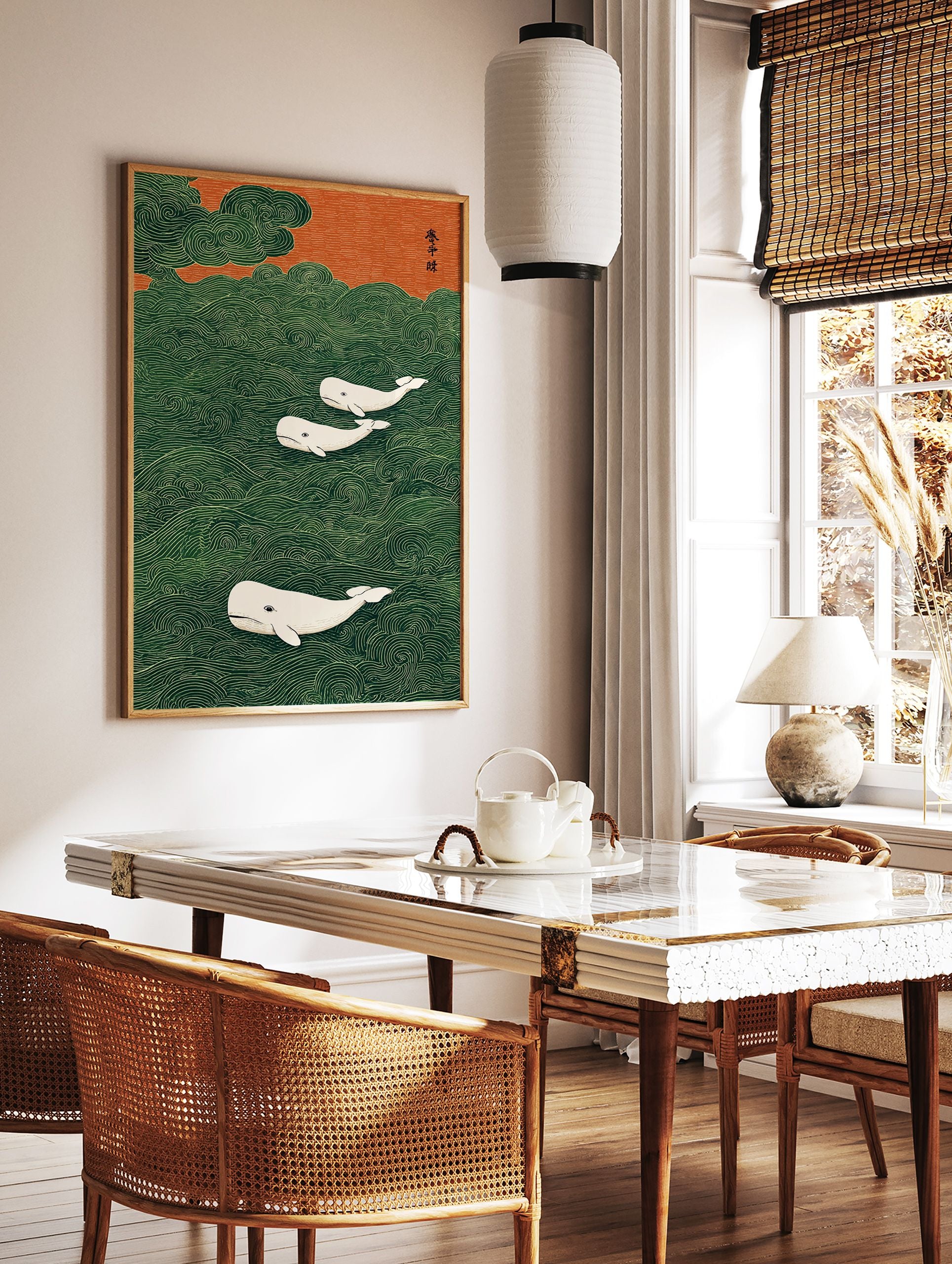 Three white whales swim in a stylized green wavy ocean under an orange sky, Japanese style whale wall art print. - Image 3