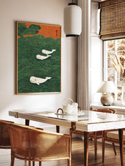 Three white whales swim in a stylized green wavy ocean under an orange sky, Japanese style whale wall art print. - Image 3
