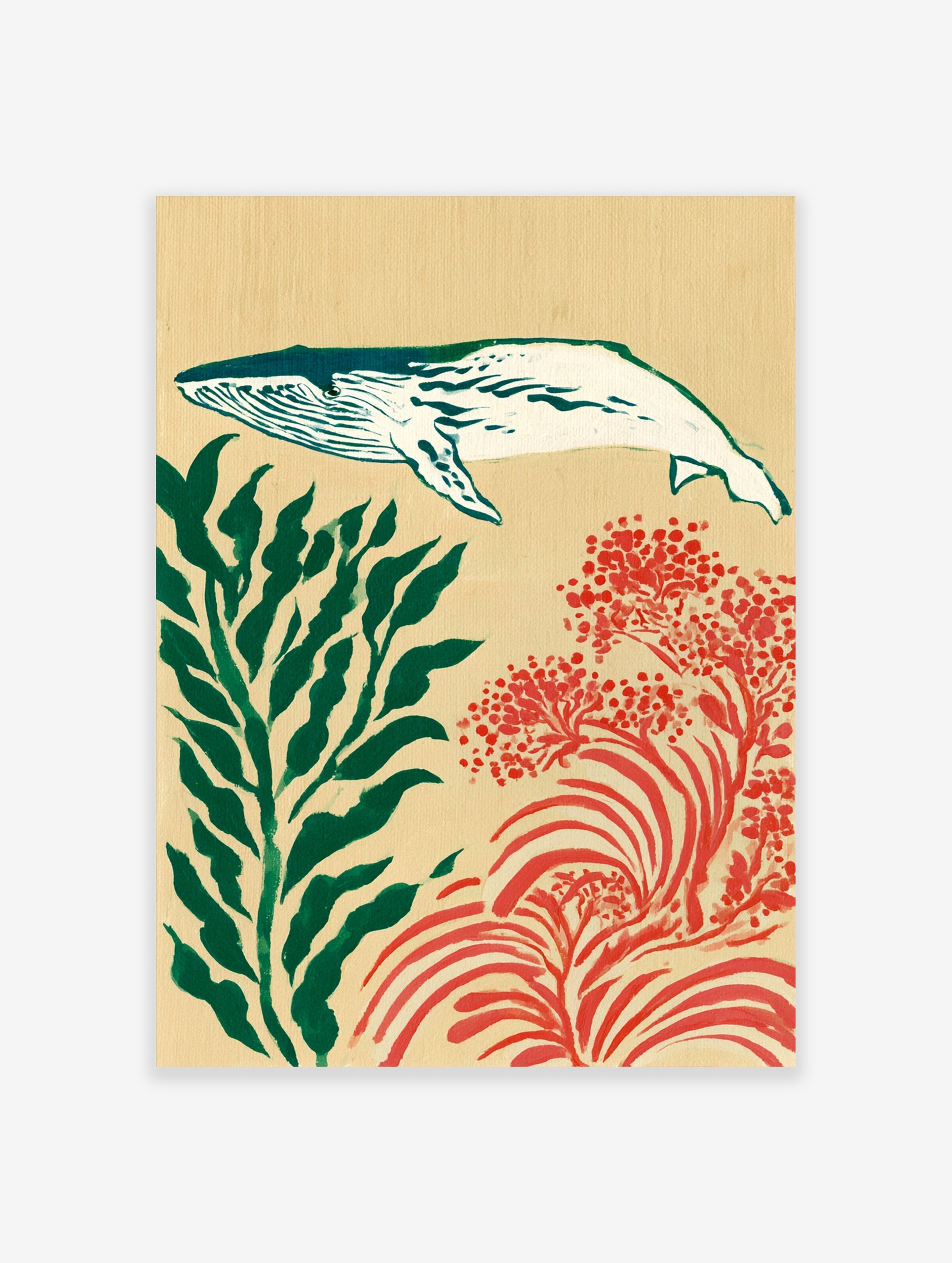 Whale illustration with green seaweed and red coral on a tan background art print