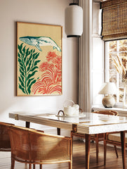 Whale illustration with green seaweed and red coral on a tan background art print, in a styled room mockup